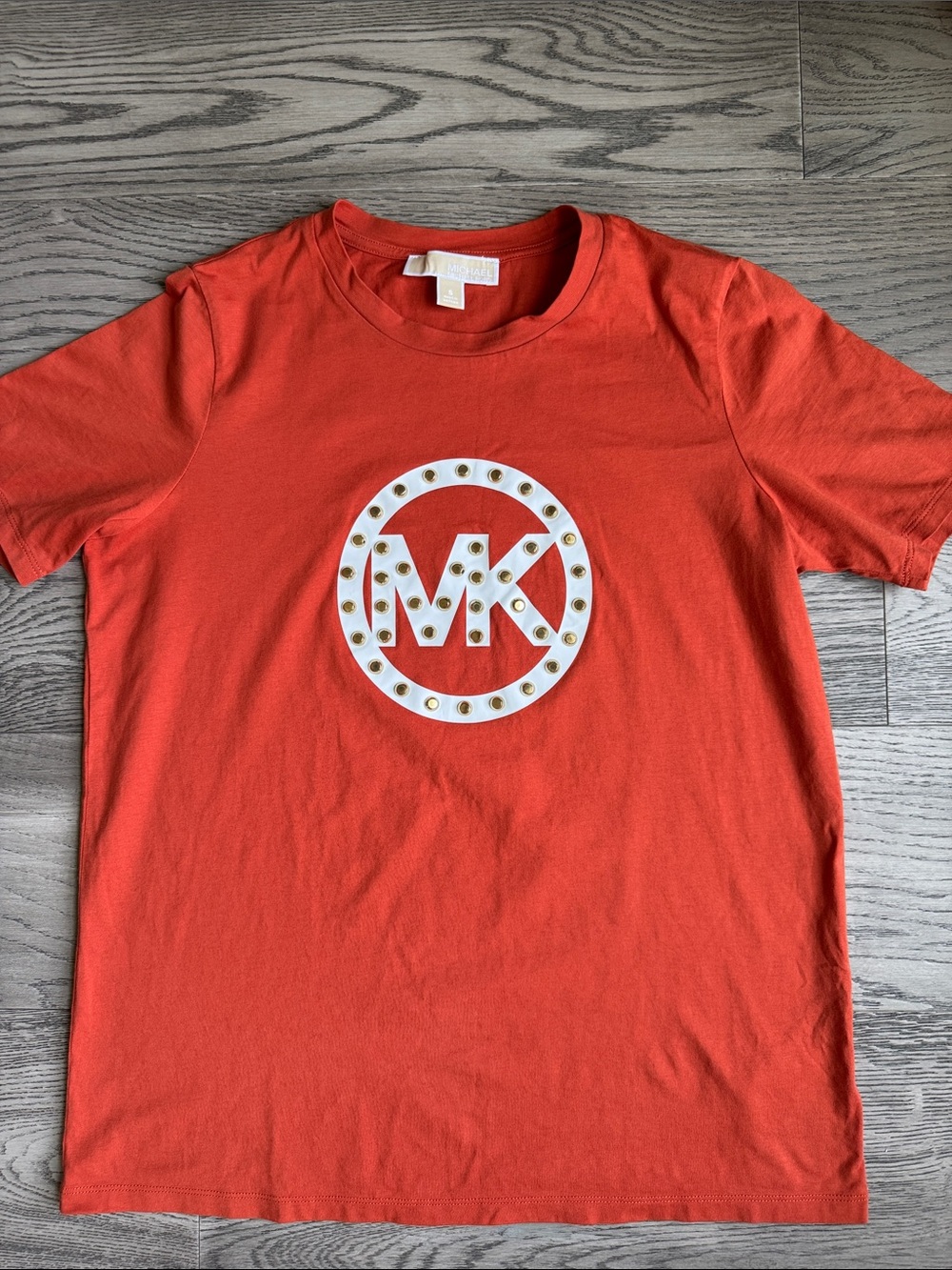 Michael Kors Red-Orange Logo Stud Tee Size S